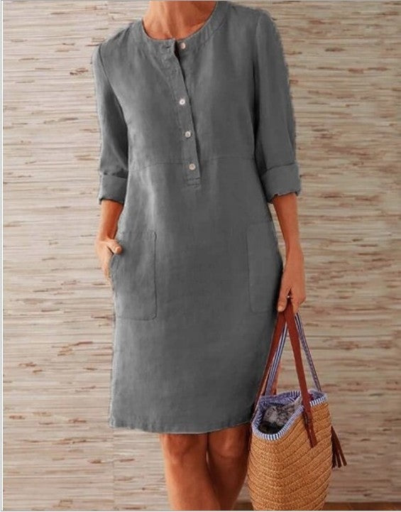 Jolie Button Placket Women's Midi Dress with Roll-Cuff Sleeves