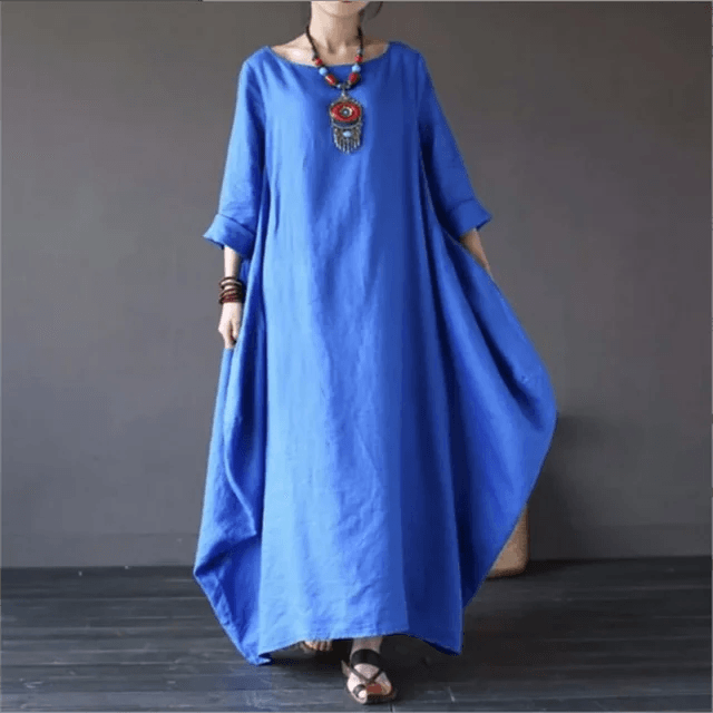 Relaxed Fit Cotton Maxi Dress with Mid-Length Sleeves and Swing Skirt