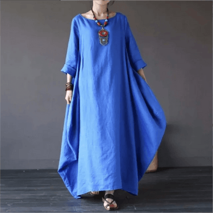 Relaxed Fit Cotton Maxi Dress with Mid-Length Sleeves and Swing Skirt