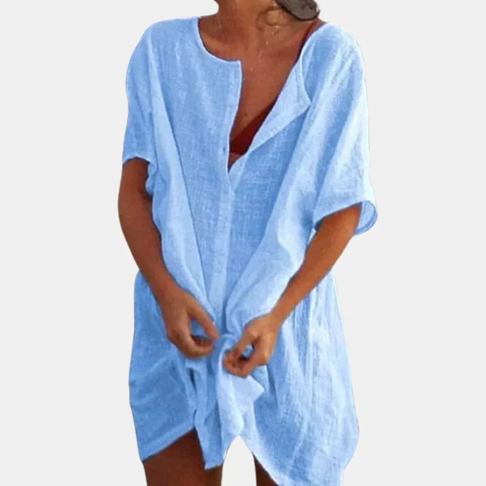 Linen-Blend Short Sleeve Tunic Top with Relaxed Fit and Button Front