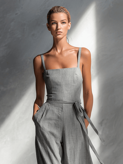 Women's Wide-Leg Tie-Waist Linen Jumpsuit with Adjustable Straps