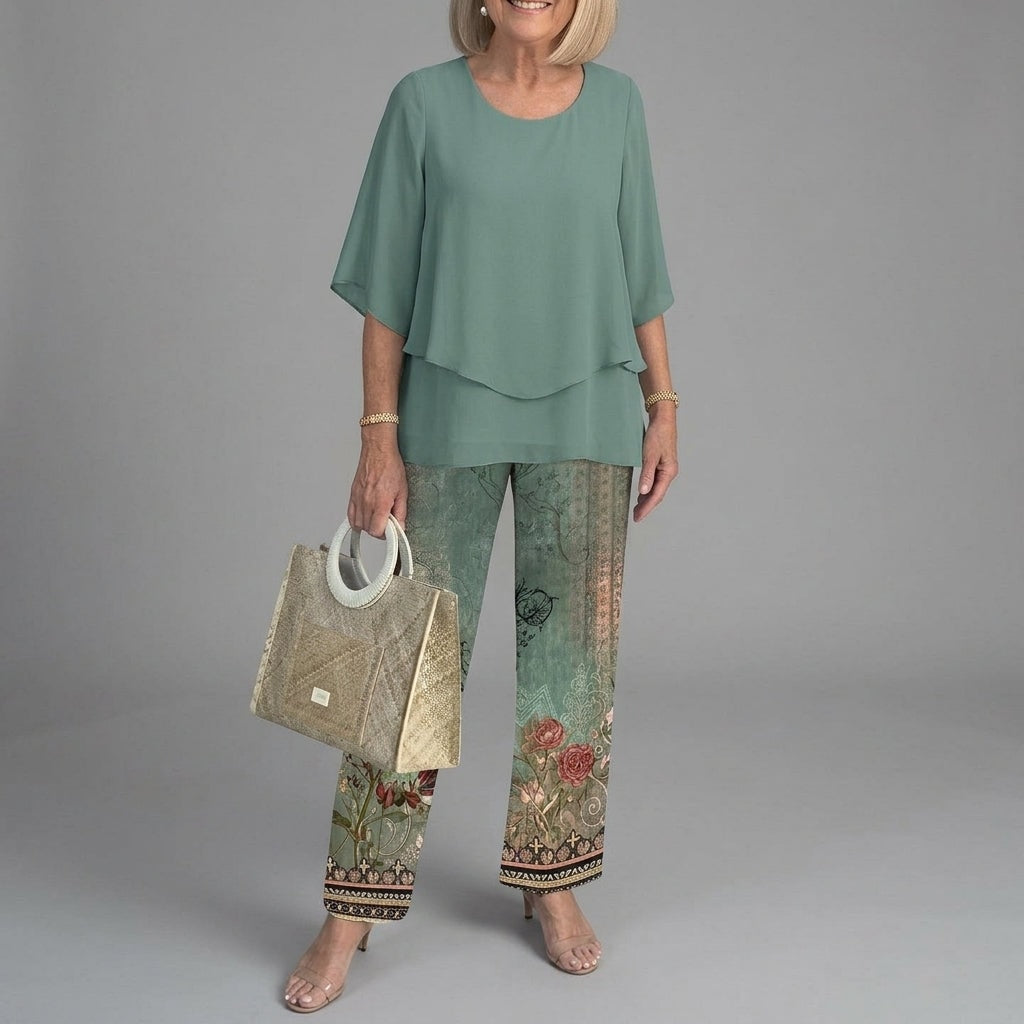 Women's Matching Two-Piece Set with Layered Flutter Top and Wide-Leg Pants