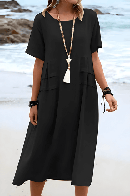 Relaxed Summer Midi Dress in Cotton Linen Blend with Short Sleeves and Front Pockets