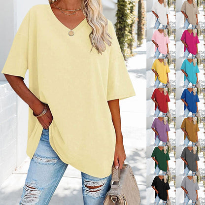Oversized Cotton V-Neck Short Sleeve Top for Women