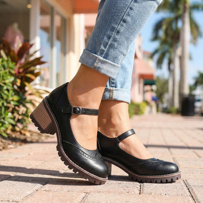 Comfortable Brogue Mary Jane Shoes with Block Heel and Buckle Strap