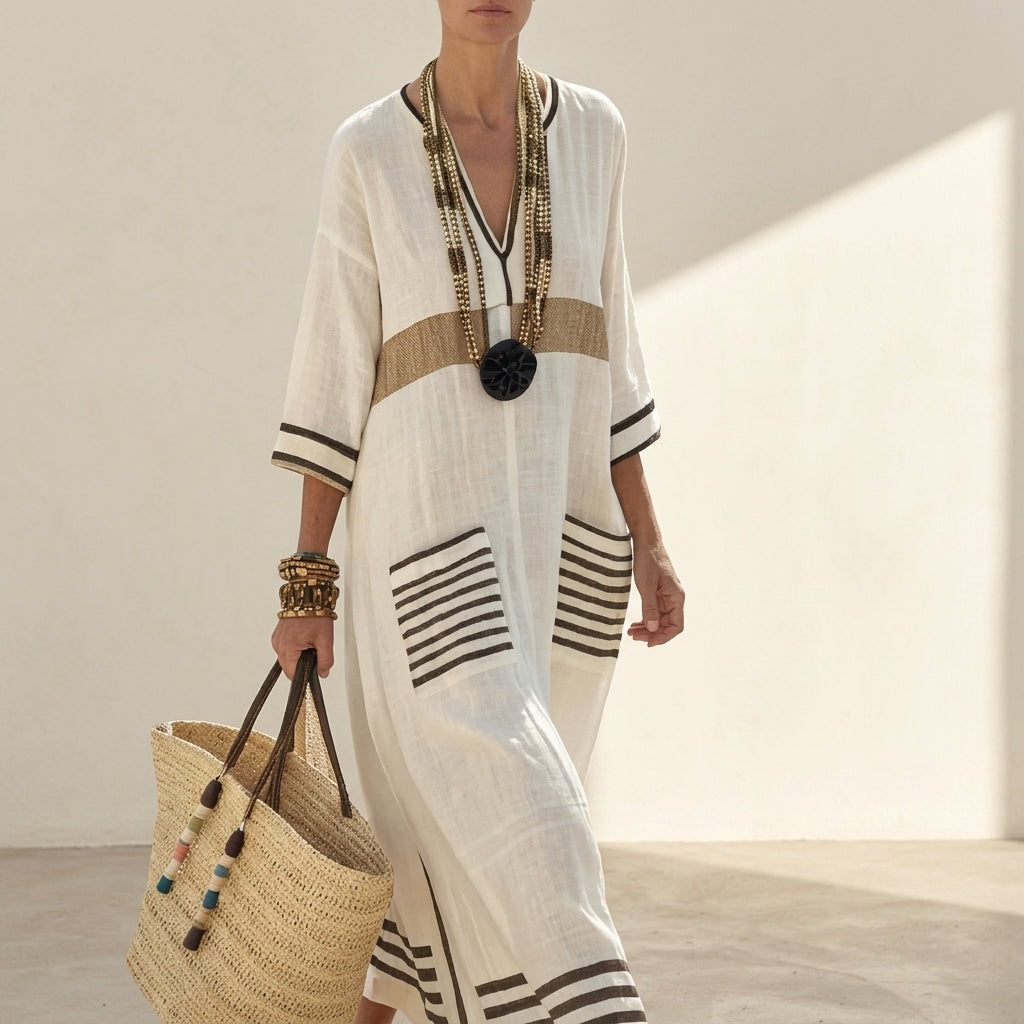 Calveth Relaxed Striped Linen Summer Maxi Dress with Patch Pockets