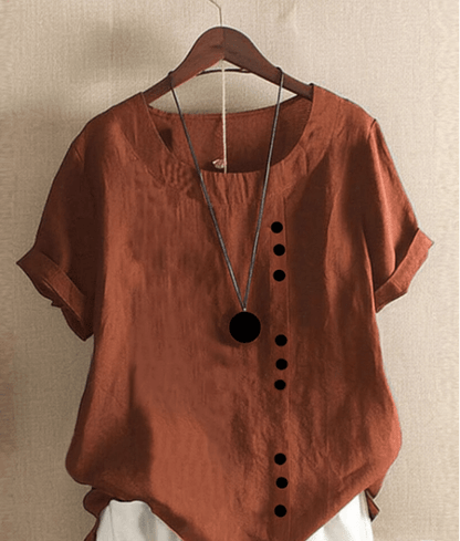 Halvorn Relaxed Linen Summer Top with Short Sleeves and Side Button Detail
