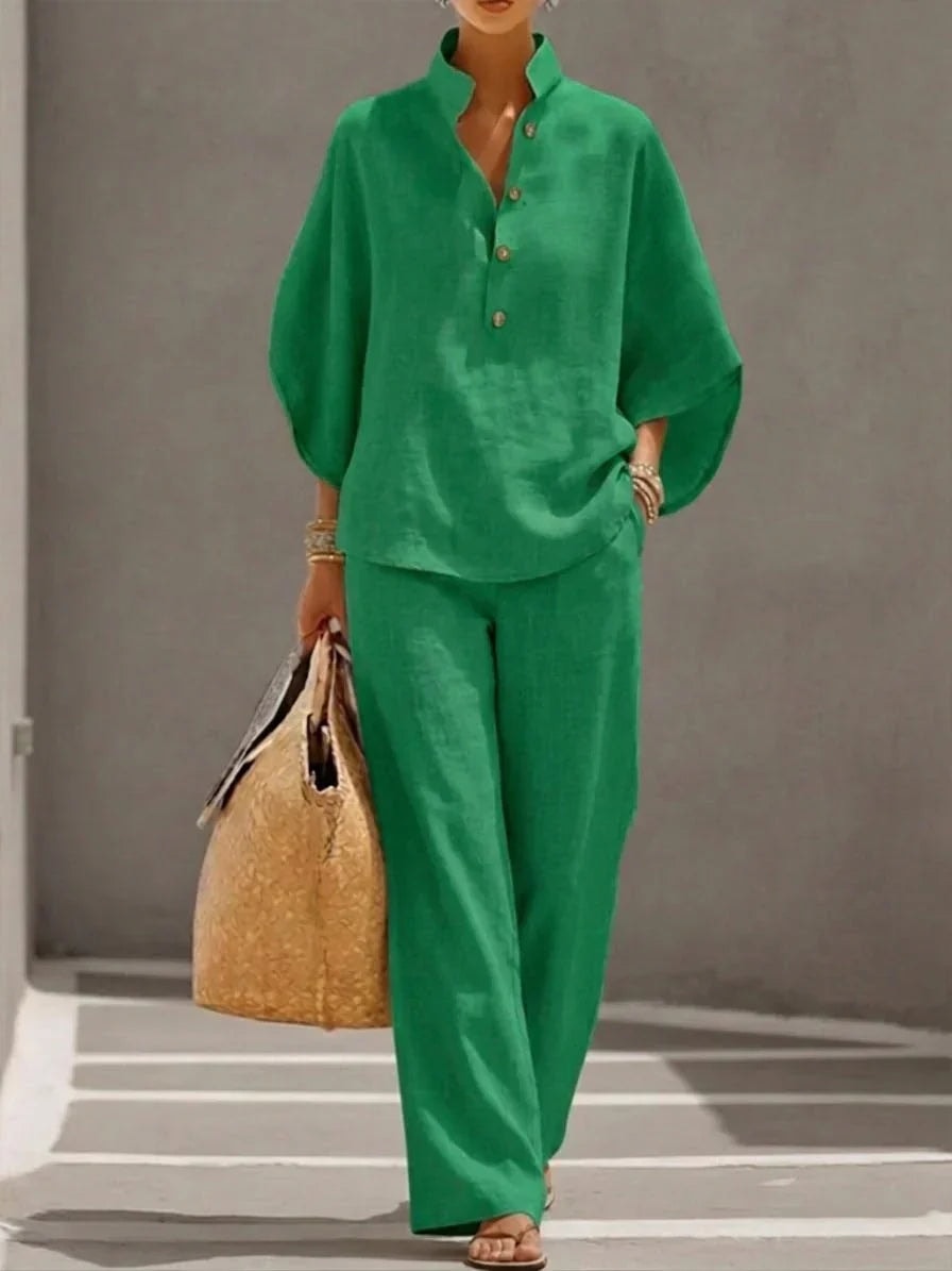 Linen Blouse and Wide-Leg Pant Set with Batwing Sleeves
