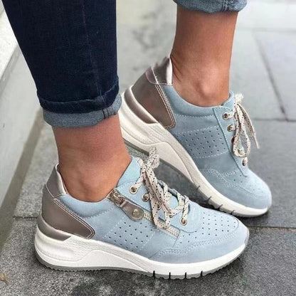Lace-Up Wedge Sneakers with Side Zip and Perforated Detail