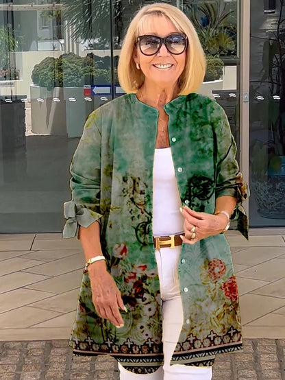 Women's Floral Print Longline Button-Up Blouse with Long Sleeves