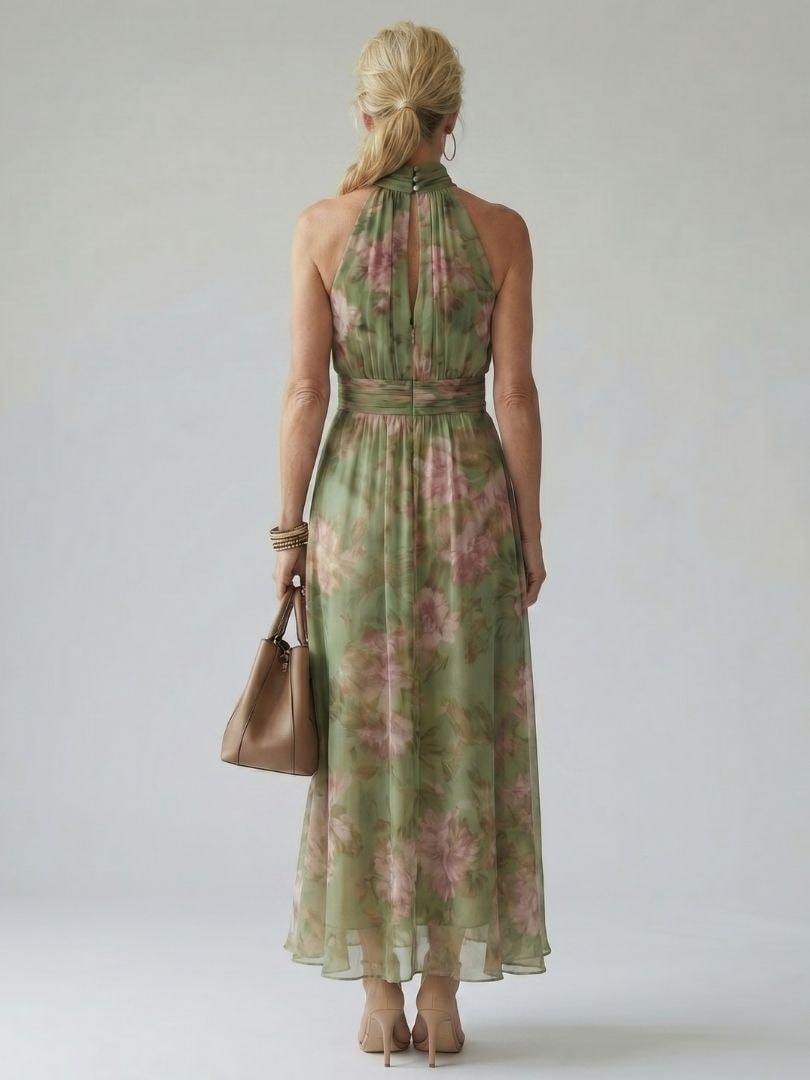 Floral Halter-Neck Summer Maxi Dress with Cinched Waist for Women