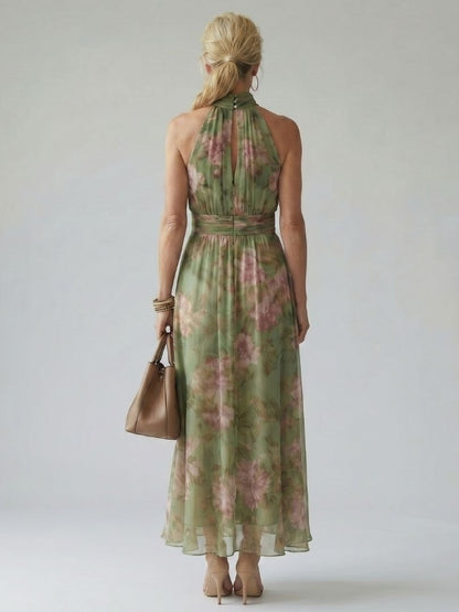 Floral Halter-Neck Summer Maxi Dress with Cinched Waist for Women