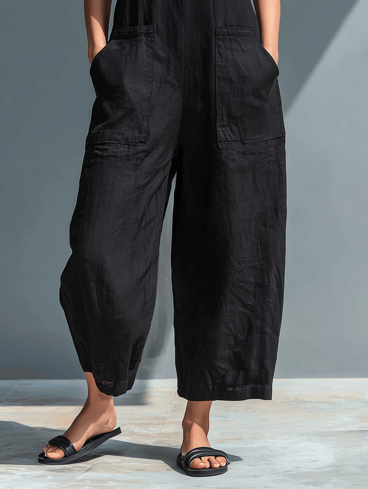Women's High-Collar Linen Blend Jumpsuit with Button Front and Pockets