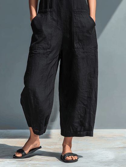 Women's High-Collar Linen Blend Jumpsuit with Button Front and Pockets