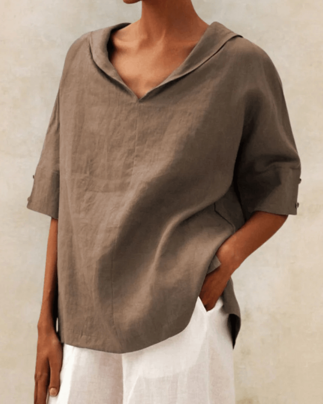 Women's Cotton V-Neck Top with Loose Fit and Half Sleeves