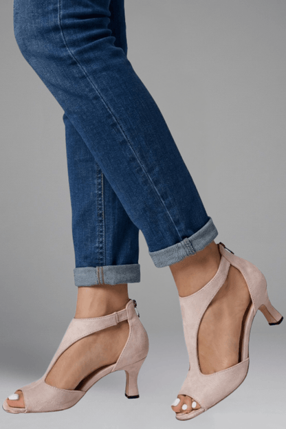 Women's Peep-Toe Comfort Shoes with Cutout Panels and Mid Heel