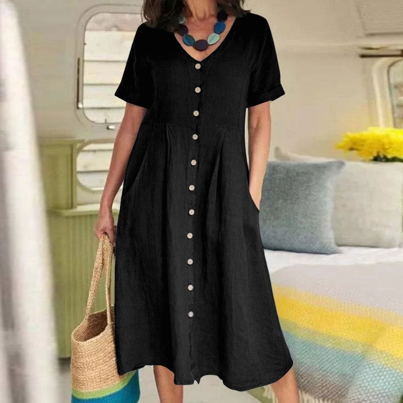 Button-Front Cotton Linen Blend A-Line Summer Midi Dress
