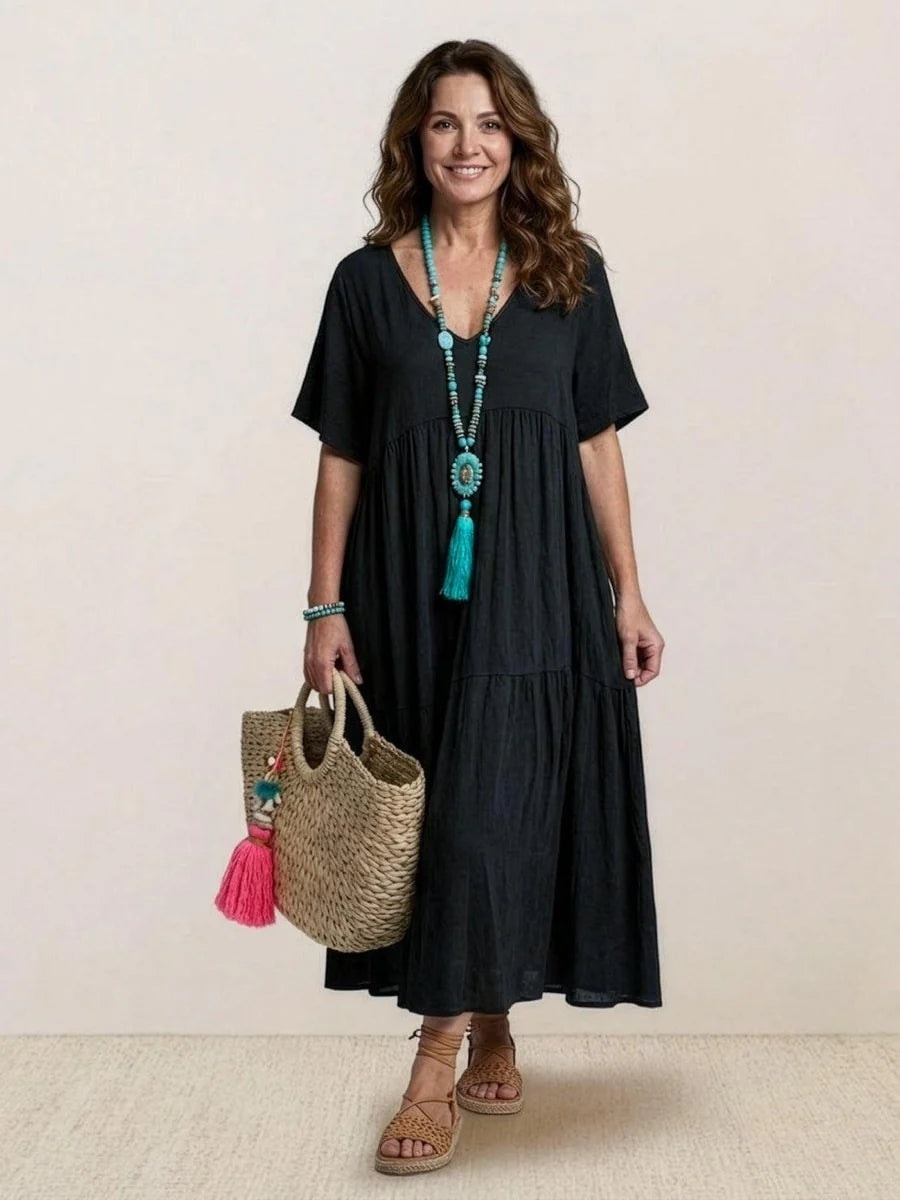 Women's Tiered Ruffle V-Neck Midi Dress with Short Sleeves in Polyester