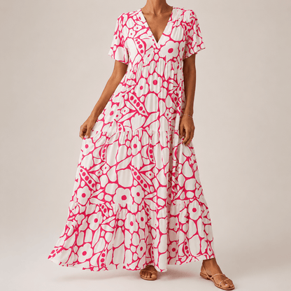 Georgiana Floral Summer Maxi Dress with Short Sleeves and Tiered Skirt