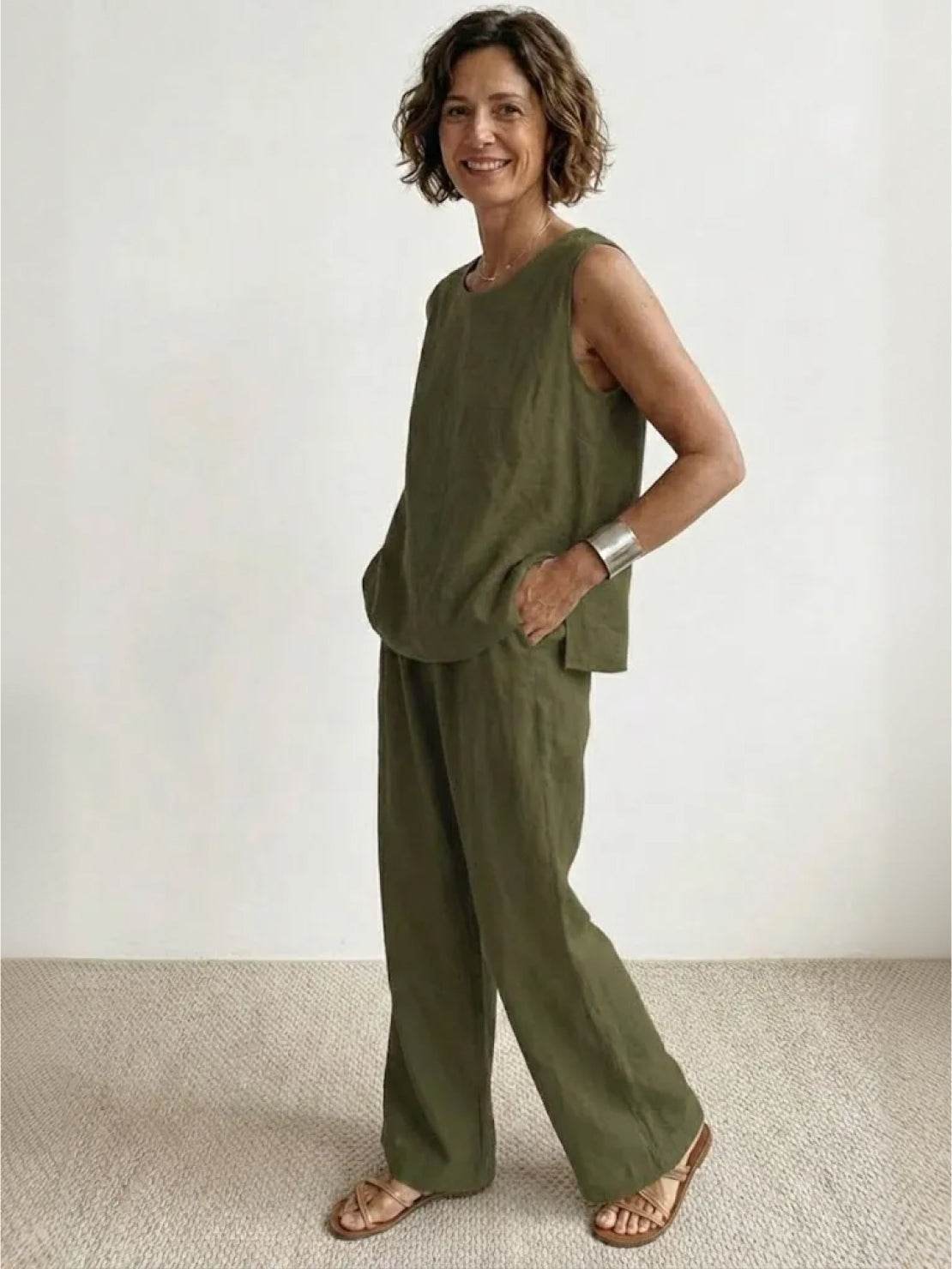 Sage Matching Linen Sleeveless Top and Wide-Leg Pants Two-Piece Set