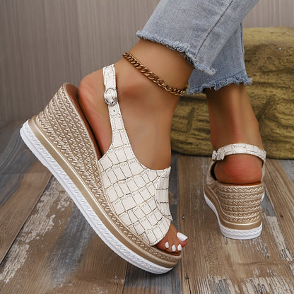 Marbella White Croc-Embossed Slingback Wedge Sandals with Peep Toe Platform