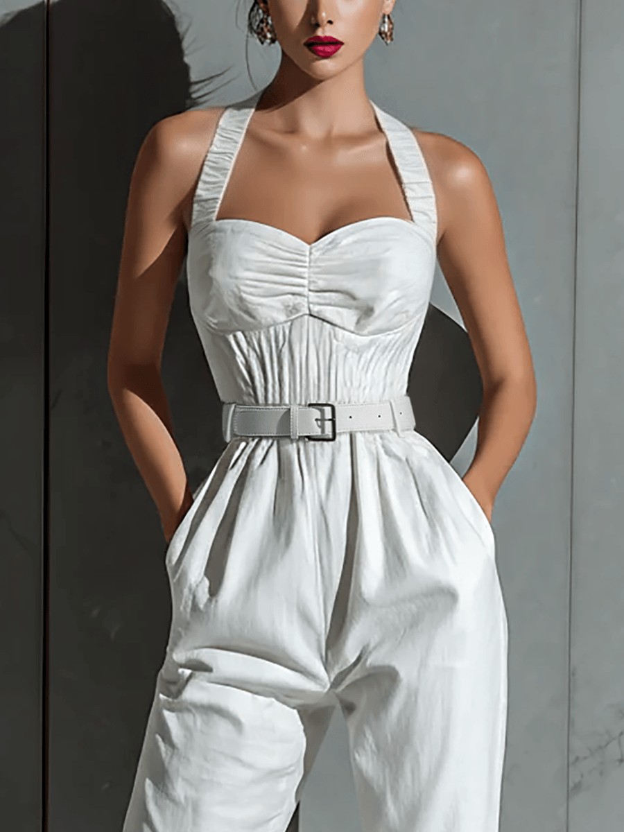 Women's Belted Halter Sweetheart Linen Blend Jumpsuit with Tailored Fit
