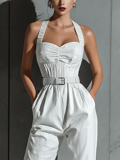 Women's Belted Halter Sweetheart Linen Blend Jumpsuit with Tailored Fit