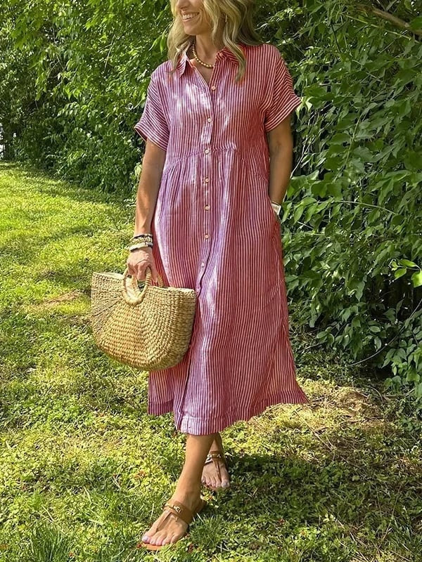 Women's Striped Cotton Shirt Collar Midi Dress with Short Sleeves
