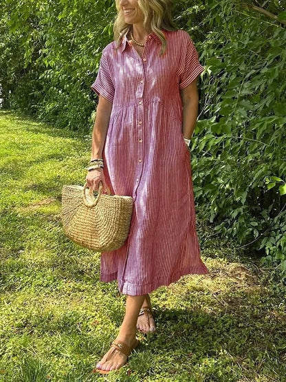 Women's Striped Cotton Shirt Collar Midi Dress with Short Sleeves
