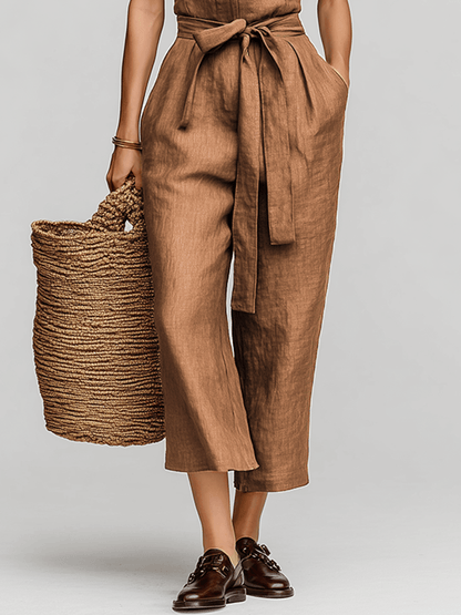 Women's Belted Wide-Leg Linen Jumpsuit with Pockets