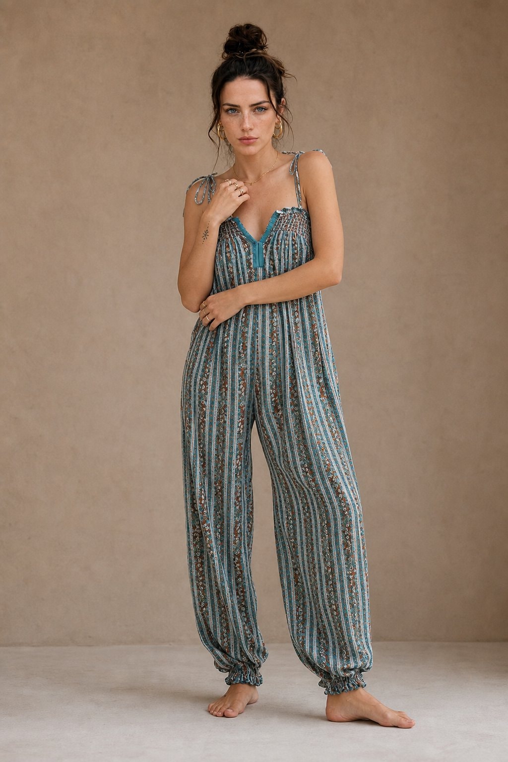 Women's Boho Harem Linen Jumpsuit with Tie-Shoulder Straps