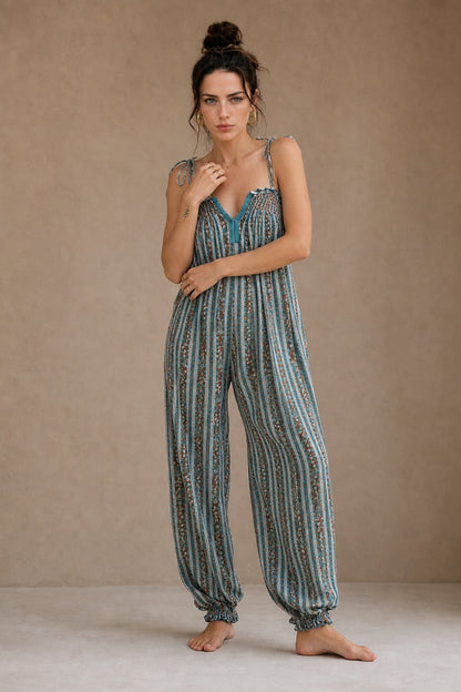 Women's Boho Harem Linen Jumpsuit with Tie-Shoulder Straps