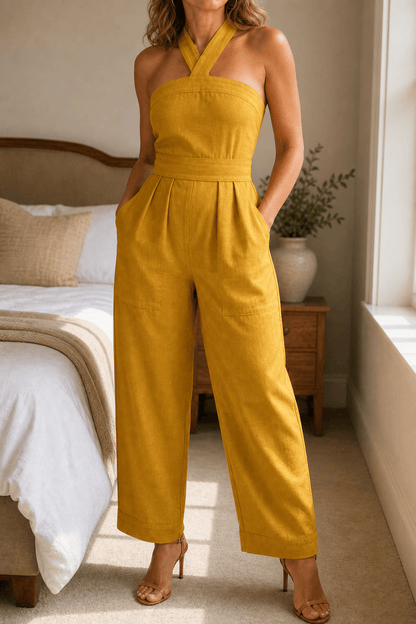Women's Halter-Neck Wide-Leg Jumpsuit with Defined Waist