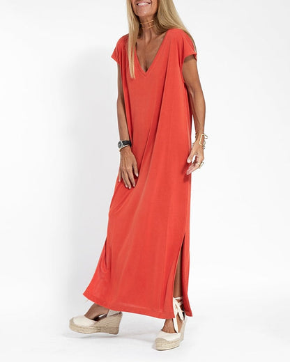 Vera Loose Flowing V-Neck Short Sleeve Maxi Dress with Side Slit