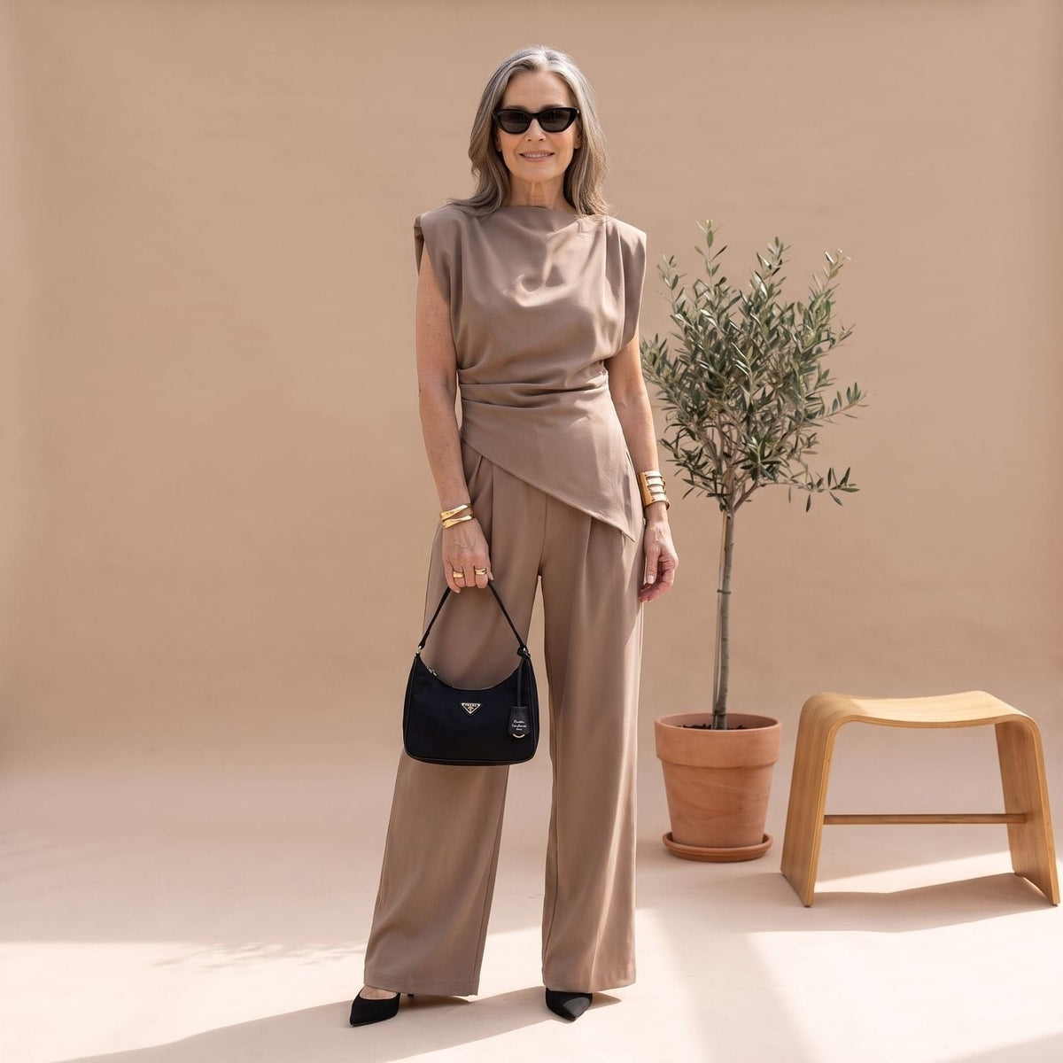 Women's Matching Two-Piece Set with Draped Cowl Neck Top and Wide-Leg Pants
