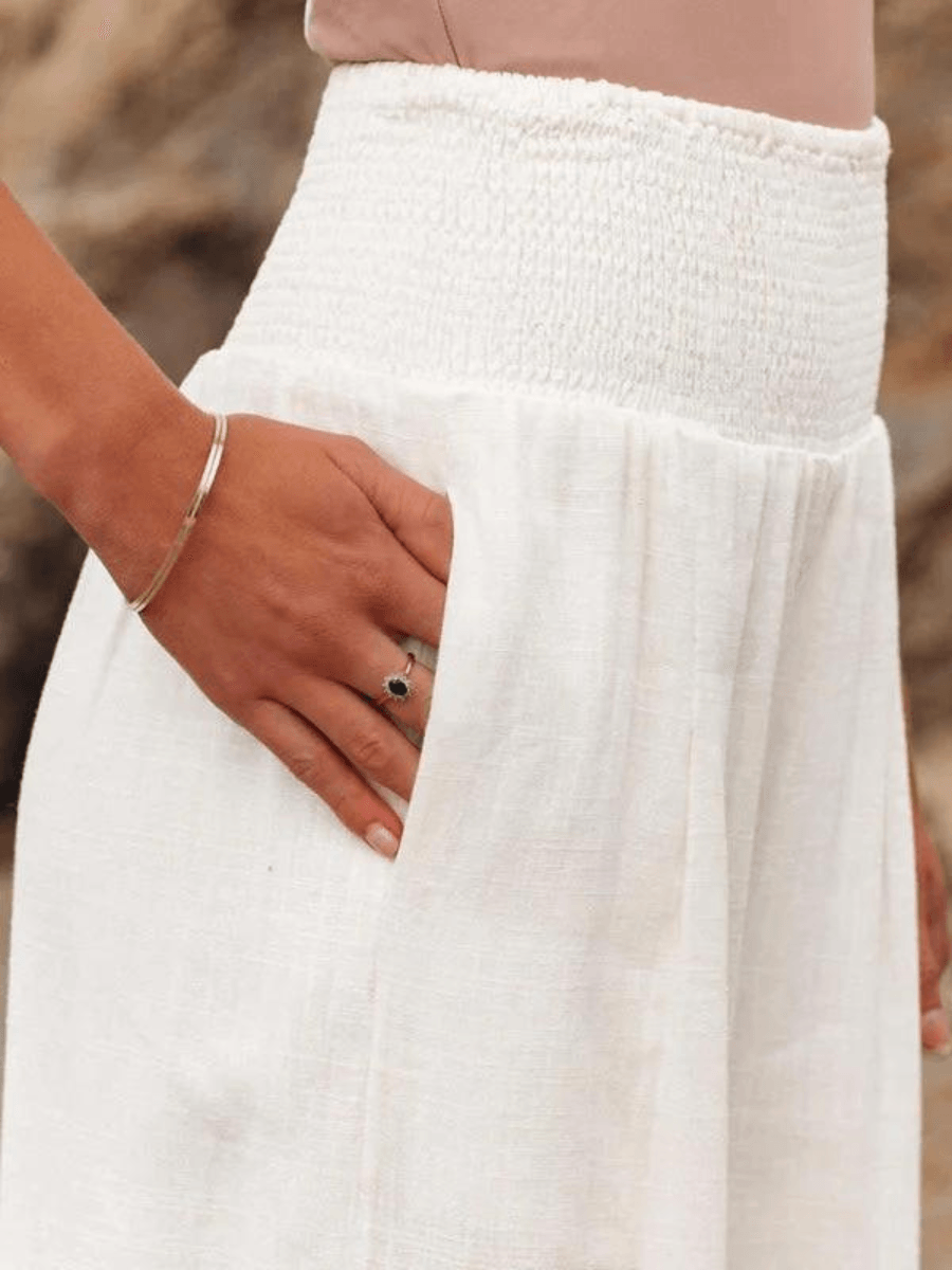 Women's Smocked-Waist Wide-Leg Linen Pants