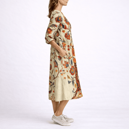 Floral Linen Women's Summer Midi Dress with Three-Quarter Sleeves