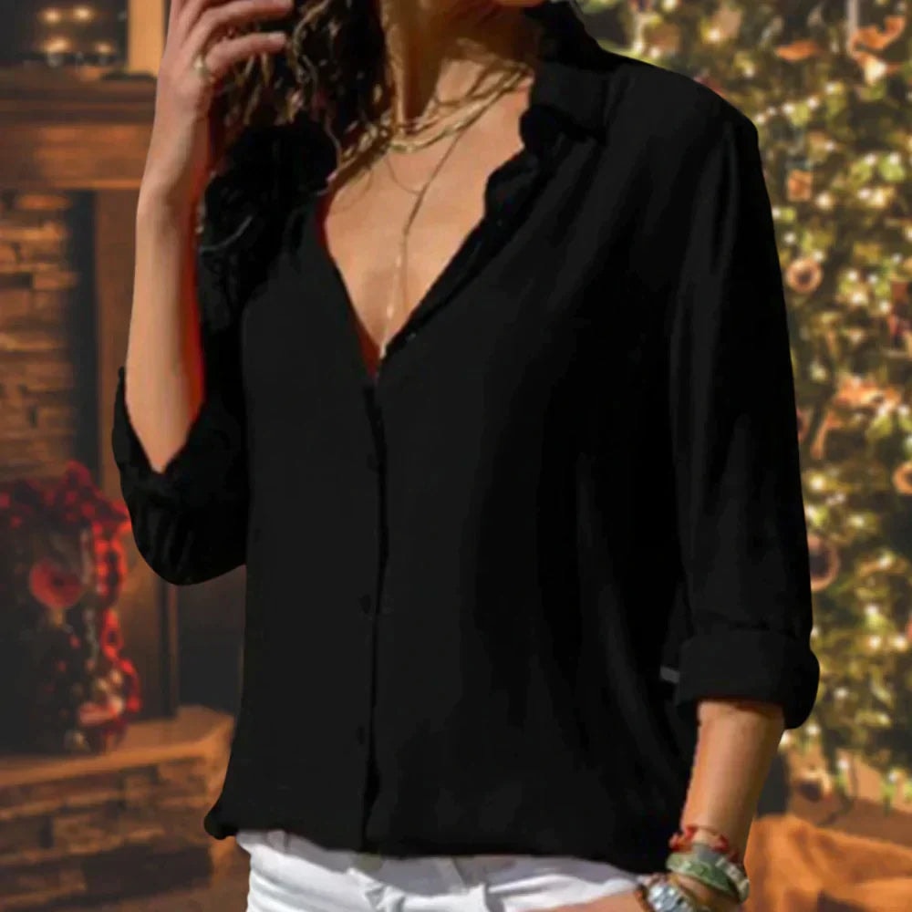 Julia Satin Button-Up Women's Long Sleeve Blouse with Collared V-Neck