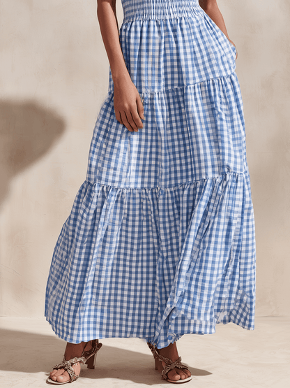 Gingham Off-the-Shoulder Maxi Dress with Puff Sleeves and Tiered Skirt