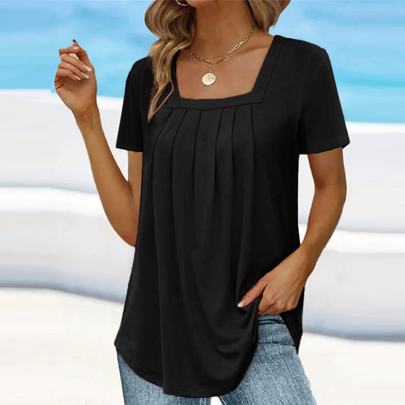 Athena Square Neck Pleated Women's Blouse with Short Sleeves