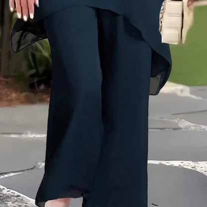 Women's Flowy Two-Piece Wide-Leg Pant Set with Draped Cape Top