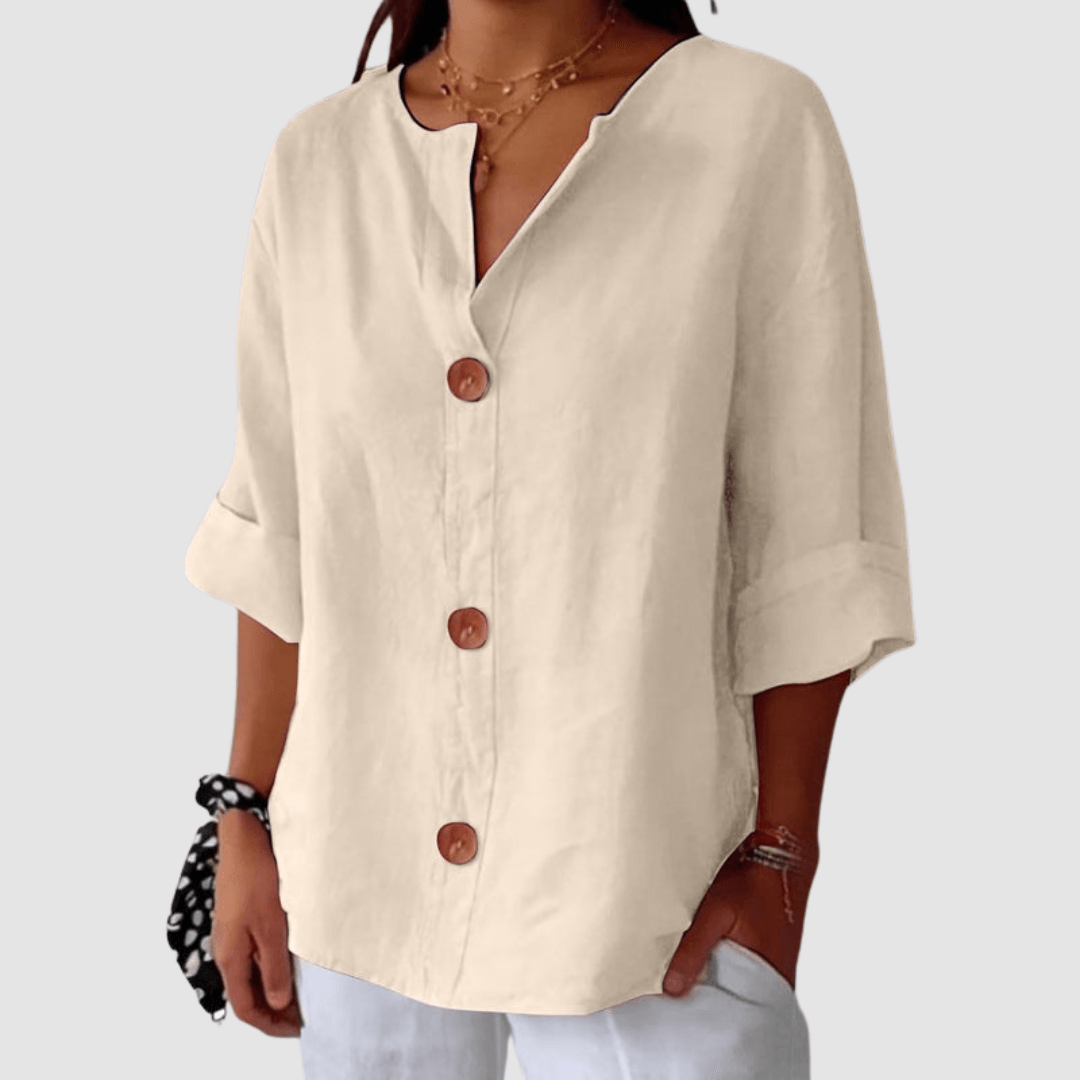 Leah Casual Linen Blouse with V-Neck Button Front and Rolled Sleeves