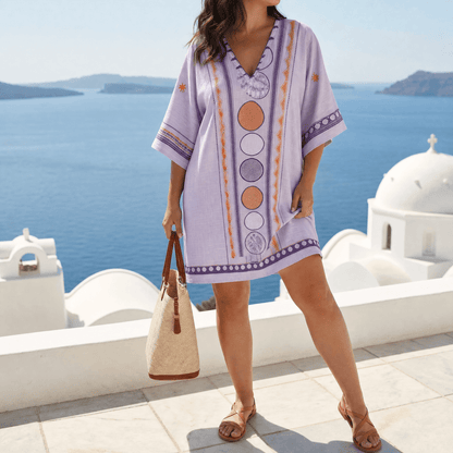 Embroidered Boho Kaftan Mini Dress for Women
