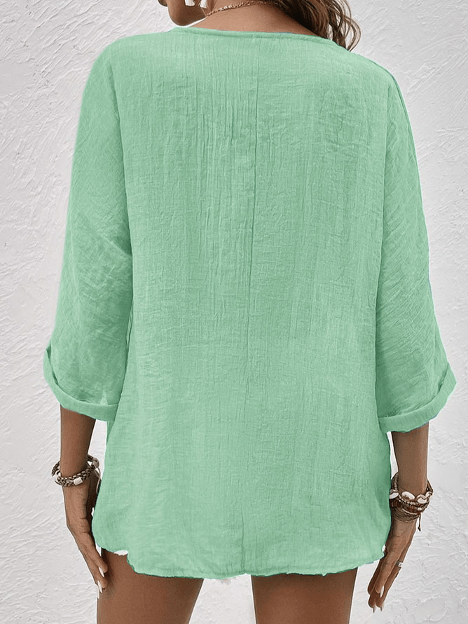 Ava V-Neck Button-Up Linen Blouse with Long Sleeves for Women