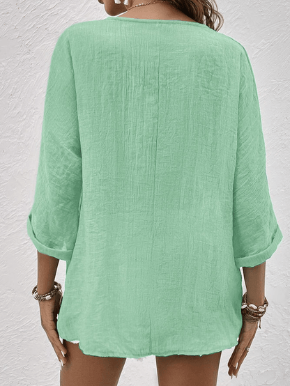 Ava V-Neck Button-Up Linen Blouse with Long Sleeves for Women