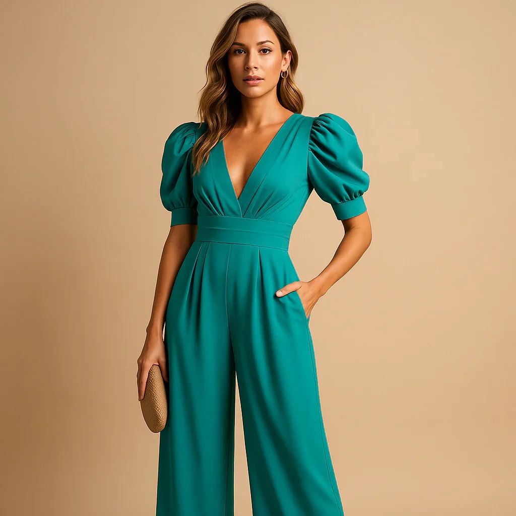Isabelle Puff Sleeve Wide-Leg Jumpsuit with Pockets