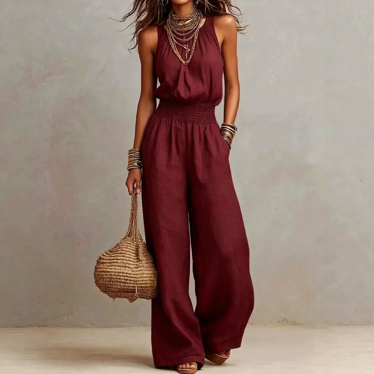 Women's Halter Neck Wide Leg Linen Jumpsuit with Smocked Waist