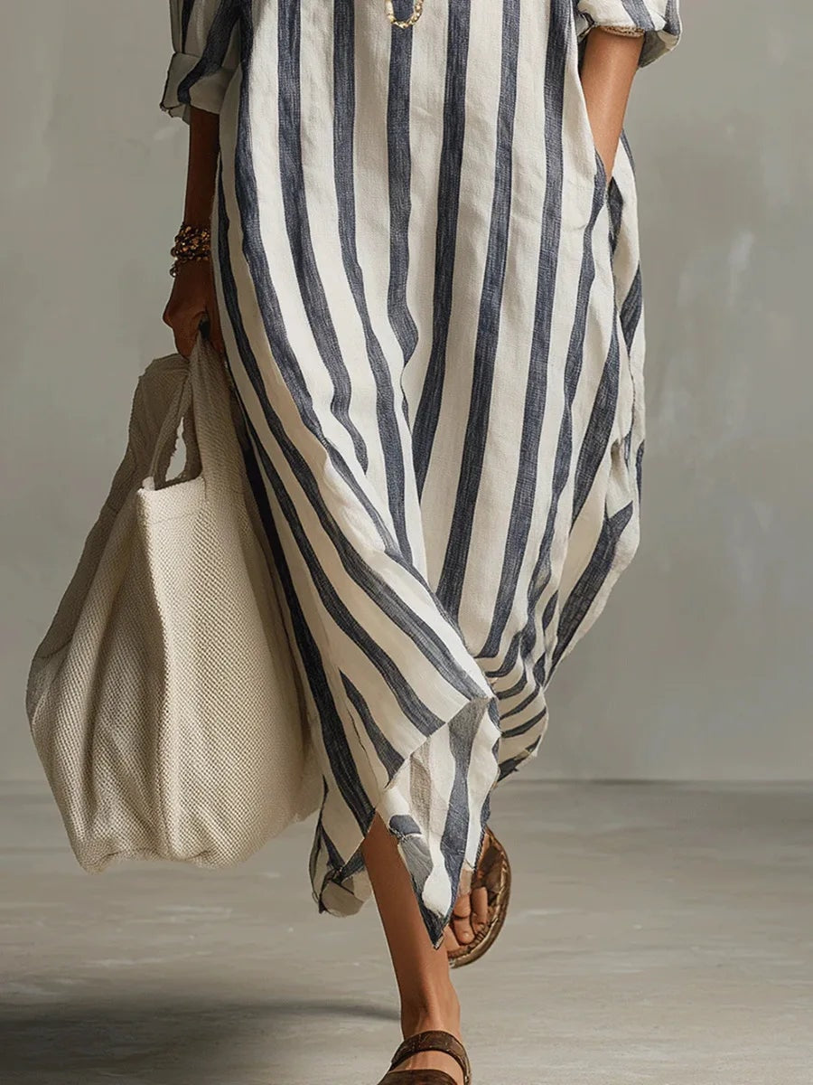 Pepa Striped Cotton Women's Midi Dress with Shirt Collar and Rolled Sleeves