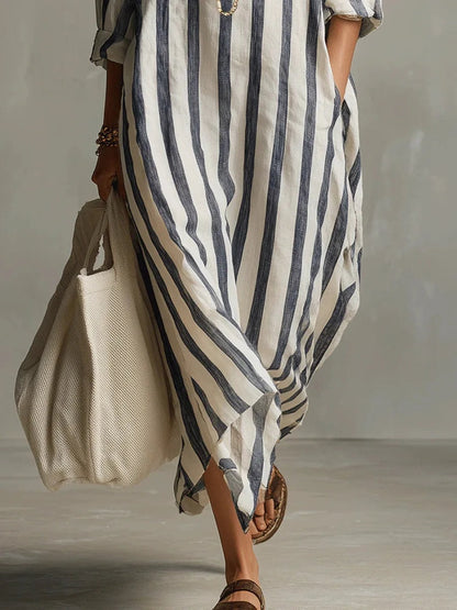 Pepa Striped Cotton Women's Midi Dress with Shirt Collar and Rolled Sleeves