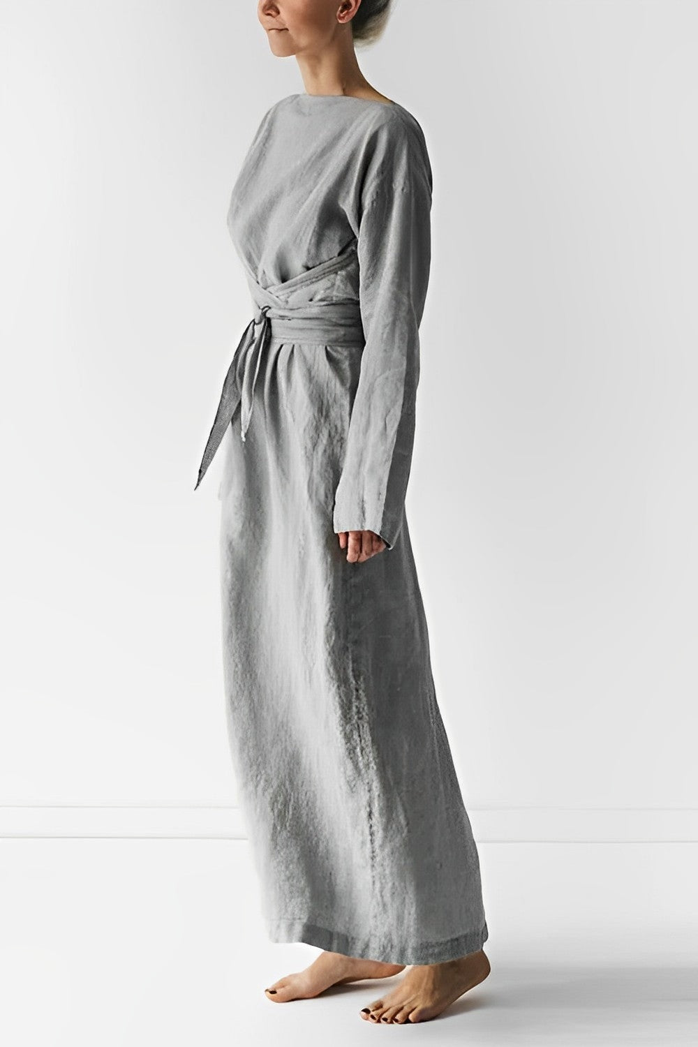 Women's Linen Wrap-Tie Long-Sleeve Dress with Belted Waist